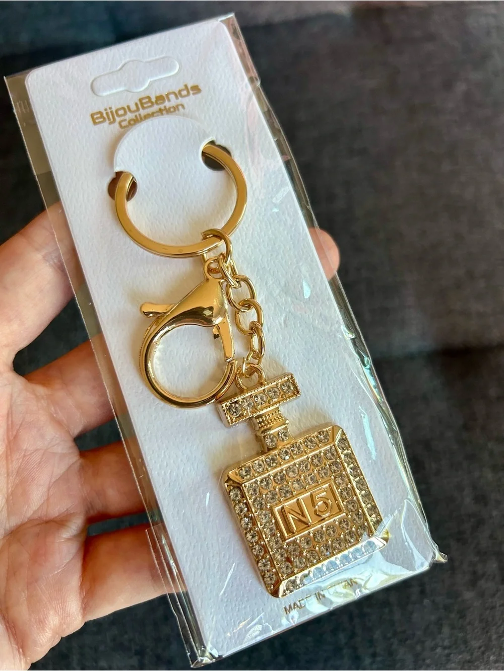 Sparkly, Gold and Clear Rhinestone Perfume Bottle Purse Charm, Charm Keychain